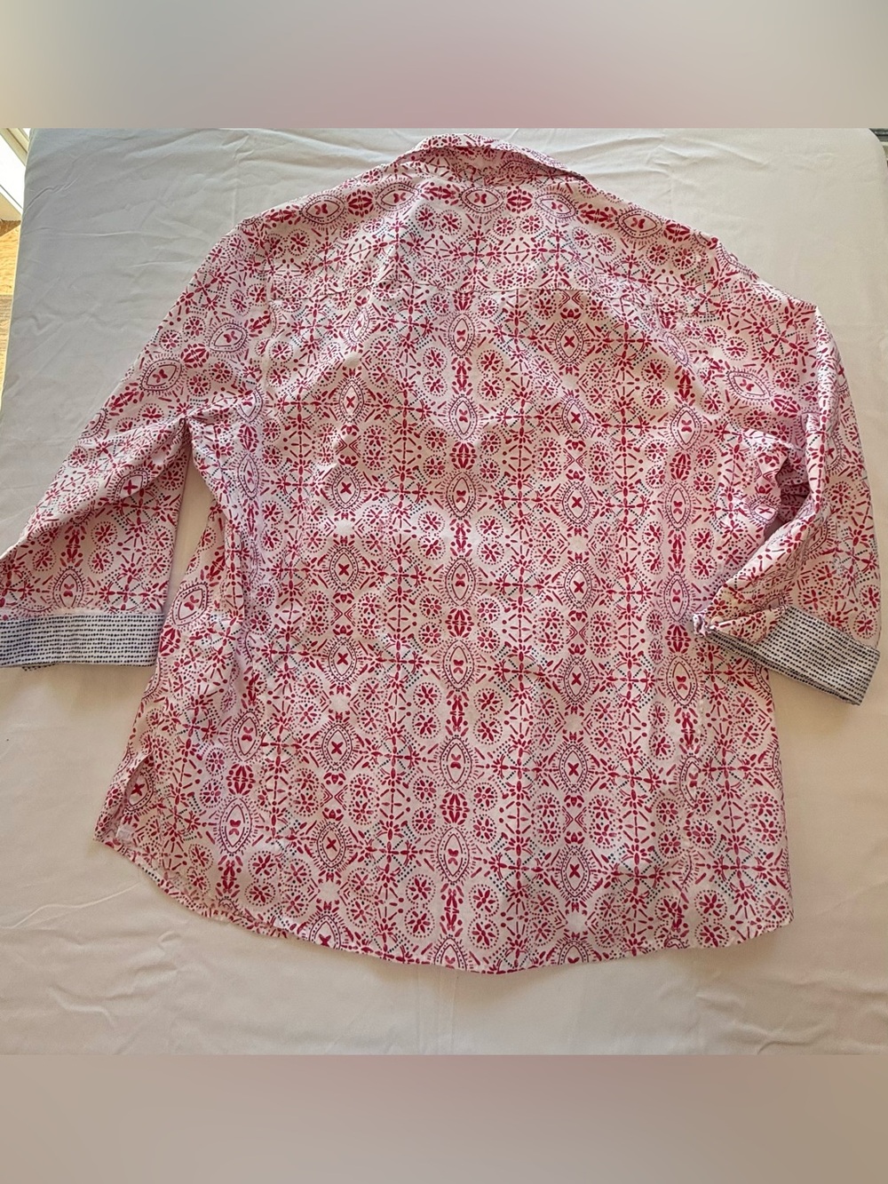 Foxcroft NYC Easy Care Button Front Shirt Large Pink Blue Print 3/4 Sleeve - Picture 8 of 10